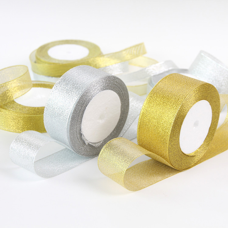 Ribbon Organza Roll - الذهب/الفضة الأورجانزا البصل الشريط 25 ياردة/لفة